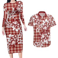 Hibiscus Pakala Fantasy Red Couples Matching Long Sleeve Bodycon Dress and Hawaiian Shirt Tropical Floral Stylized LT01 Red - Polynesian Pride
