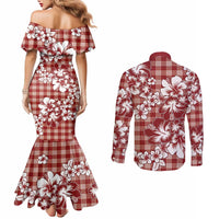 Hibiscus Pakala Fantasy Red Couples Matching Mermaid Dress and Long Sleeve Button Shirt Tropical Floral Stylized LT01 - Polynesian Pride