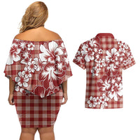 Hibiscus Pakala Fantasy Red Couples Matching Off Shoulder Short Dress and Hawaiian Shirt Tropical Floral Stylized LT01 - Polynesian Pride