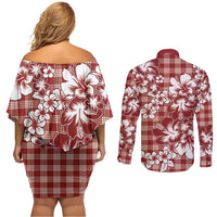 Hibiscus Pakala Fantasy Red Couples Matching Off Shoulder Short Dress and Long Sleeve Button Shirt Tropical Floral Stylized LT01 - Polynesian Pride