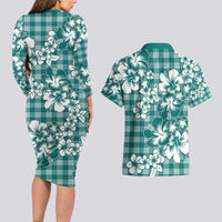 Hibiscus Pakala Aqua Teal Couples Matching Long Sleeve Bodycon Dress and Hawaiian Shirt Tropical Floral Stylized LT01 - Polynesian Pride