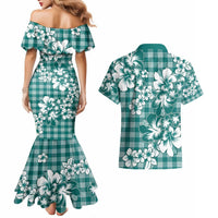 Hibiscus Pakala Aqua Teal Couples Matching Mermaid Dress and Hawaiian Shirt Tropical Floral Stylized LT01 - Polynesian Pride