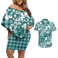 Hibiscus Pakala Aqua Teal Couples Matching Off Shoulder Short Dress and Hawaiian Shirt Tropical Floral Stylized LT01 Teal - Polynesian Pride