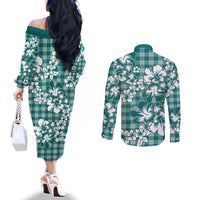 Hibiscus Pakala Aqua Teal Couples Matching Off The Shoulder Long Sleeve Dress and Long Sleeve Button Shirt Tropical Floral Stylized LT01 - Polynesian Pride