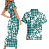 Hibiscus Pakala Aqua Teal Couples Matching Short Sleeve Bodycon Dress and Hawaiian Shirt Tropical Floral Stylized LT01 - Polynesian Pride