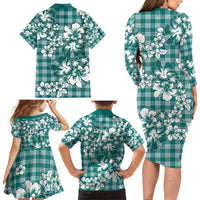 Hibiscus Pakala Aqua Teal Family Matching Long Sleeve Bodycon Dress and Hawaiian Shirt Tropical Floral Stylized LT01 - Polynesian Pride