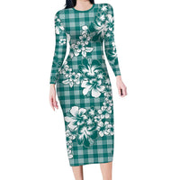 Hibiscus Pakala Aqua Teal Family Matching Long Sleeve Bodycon Dress and Hawaiian Shirt Tropical Floral Stylized LT01 Mom's Dress Teal - Polynesian Pride