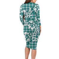 Hibiscus Pakala Aqua Teal Family Matching Long Sleeve Bodycon Dress and Hawaiian Shirt Tropical Floral Stylized LT01 - Polynesian Pride