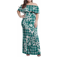 Hibiscus Pakala Aqua Teal Family Matching Off Shoulder Maxi Dress and Hawaiian Shirt Tropical Floral Stylized LT01 Mom's Dress Teal - Polynesian Pride