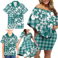Hibiscus Pakala Aqua Teal Family Matching Off Shoulder Short Dress and Hawaiian Shirt Tropical Floral Stylized LT01 - Polynesian Pride