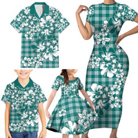 Hibiscus Pakala Aqua Teal Family Matching Short Sleeve Bodycon Dress and Hawaiian Shirt Tropical Floral Stylized LT01 - Polynesian Pride