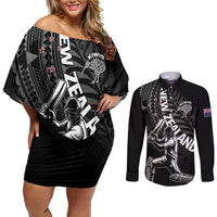 Custom New Zealand Cricket Couples Matching Off Shoulder Short Dress and Long Sleeve Button Shirt Maori Kiwi Black Fern LT01 Black - Polynesian Pride