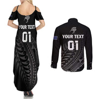 Custom New Zealand Cricket Couples Matching Summer Maxi Dress and Long Sleeve Button Shirt Maori Kiwi Black Fern LT01 - Polynesian Pride