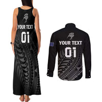 Custom New Zealand Cricket Couples Matching Tank Maxi Dress and Long Sleeve Button Shirt Maori Kiwi Black Fern LT01 - Polynesian Pride