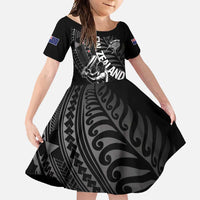 Custom New Zealand Cricket Family Matching Off Shoulder Maxi Dress and Hawaiian Shirt Maori Kiwi Black Fern LT01 Daughter's Dress Black - Polynesian Pride