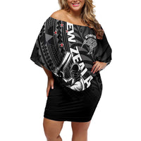 Custom New Zealand Cricket Family Matching Off Shoulder Short Dress and Hawaiian Shirt Maori Kiwi Black Fern LT01 Mom's Dress Black - Polynesian Pride