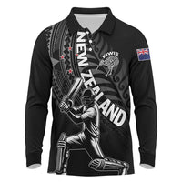Custom New Zealand Cricket Long Sleeve Polo Shirt Maori Kiwi Black Fern LT01 Black - Polynesian Pride