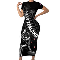 Custom New Zealand Cricket Short Sleeve Bodycon Dress Maori Kiwi Black Fern LT01 Long Dress Black - Polynesian Pride