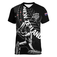 Custom New Zealand Cricket Women V-Neck T-Shirt Maori Kiwi Black Fern LT01 Female Black - Polynesian Pride