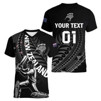 Custom New Zealand Cricket Women V-Neck T-Shirt Maori Kiwi Black Fern LT01 - Polynesian Pride