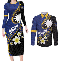 Personalised Nauru Couples Matching Long Sleeve Bodycon Dress and Long Sleeve Button Shirt Naoero Proud Plumeria LT01 Blue - Polynesian Pride