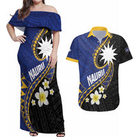 Personalised Nauru Couples Matching Off Shoulder Maxi Dress and Hawaiian Shirt Naoero Proud Plumeria LT01 Blue - Polynesian Pride