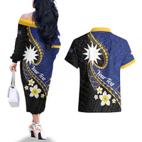 Personalised Nauru Couples Matching Off The Shoulder Long Sleeve Dress and Hawaiian Shirt Naoero Proud Plumeria LT01 - Polynesian Pride