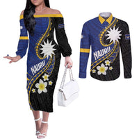 Personalised Nauru Couples Matching Off The Shoulder Long Sleeve Dress and Long Sleeve Button Shirt Naoero Proud Plumeria LT01 Blue - Polynesian Pride