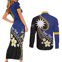 Personalised Nauru Couples Matching Short Sleeve Bodycon Dress and Long Sleeve Button Shirt Naoero Proud Plumeria LT01 - Polynesian Pride