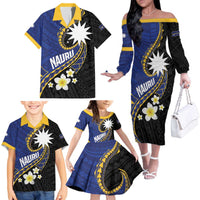 Personalised Nauru Family Matching Off The Shoulder Long Sleeve Dress and Hawaiian Shirt Naoero Proud Plumeria LT01 - Polynesian Pride