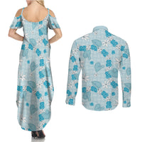 Hawaii Anthurium Tiare Pikake Lei Couples Matching Summer Maxi Dress and Long Sleeve Button Shirt UliUli Lauhala Art Pattern