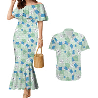 Hawaii Anthurium Tiare Pikake Lei Couples Matching Mermaid Dress and Hawaiian Shirt Omaomao Lauhala Art Pattern LT01 Green - Polynesian Pride