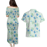 Hawaii Anthurium Tiare Pikake Lei Couples Matching Puletasi and Hawaiian Shirt Omaomao Lauhala Art Pattern
