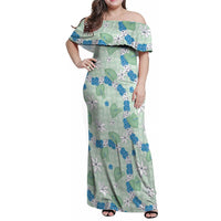 Hawaii Anthurium Tiare Pikake Lei Family Matching Off Shoulder Maxi Dress and Hawaiian Shirt Omaomao Lauhala Art Pattern LT01 Mom's Dress Green - Polynesian Pride