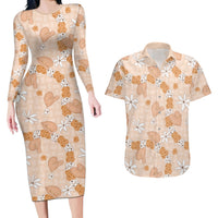 Hawaii Anthurium Tiare Pikake Lei Couples Matching Long Sleeve Bodycon Dress and Hawaiian Shirt Alani Lauhala Art Pattern LT01 Orange - Polynesian Pride