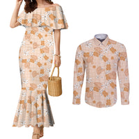Hawaii Anthurium Tiare Pikake Lei Couples Matching Mermaid Dress and Long Sleeve Button Shirt Alani Lauhala Art Pattern