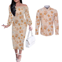 Hawaii Anthurium Tiare Pikake Lei Couples Matching Off The Shoulder Long Sleeve Dress and Long Sleeve Button Shirt Alani Lauhala Art Pattern LT01 Orange - Polynesian Pride