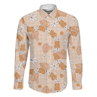 Hawaii Anthurium Tiare Pikake Lei Family Matching Off Shoulder Maxi Dress and Hawaiian Shirt Alani Lauhala Art Pattern LT01 Dad's Shirt - Long Sleeve Orange - Polynesian Pride