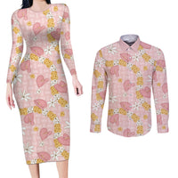 Hawaii Anthurium Tiare Pikake Lei Couples Matching Long Sleeve Bodycon Dress and Long Sleeve Button Shirt Akala Lauhala Art Pattern LT01 Pink - Polynesian Pride