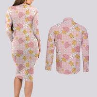Hawaii Anthurium Tiare Pikake Lei Couples Matching Long Sleeve Bodycon Dress and Long Sleeve Button Shirt Akala Lauhala Art Pattern LT01 - Polynesian Pride