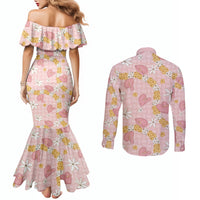 Hawaii Anthurium Tiare Pikake Lei Couples Matching Mermaid Dress and Long Sleeve Button Shirt Akala Lauhala Art Pattern
