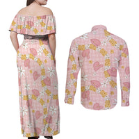 Hawaii Anthurium Tiare Pikake Lei Couples Matching Off Shoulder Maxi Dress and Long Sleeve Button Shirt Akala Lauhala Art Pattern