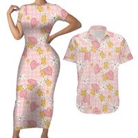 Hawaii Anthurium Tiare Pikake Lei Couples Matching Short Sleeve Bodycon Dress and Hawaiian Shirt Akala Lauhala Art Pattern LT01 Pink - Polynesian Pride