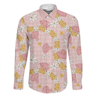 Hawaii Anthurium Tiare Pikake Lei Family Matching Long Sleeve Bodycon Dress and Hawaiian Shirt Akala Lauhala Art Pattern LT01 Dad's Shirt - Long Sleeve Pink - Polynesian Pride