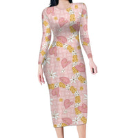 Hawaii Anthurium Tiare Pikake Lei Family Matching Long Sleeve Bodycon Dress and Hawaiian Shirt Akala Lauhala Art Pattern LT01 Mom's Dress Pink - Polynesian Pride