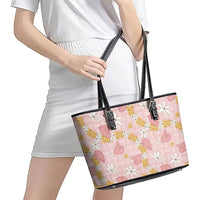 Hawaii Anthurium Tiare Pikake Lei Leather Tote Bag Akala Lauhala Art Pattern