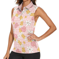 Hawaii Anthurium Tiare Pikake Lei Women Sleeveless Polo Shirt Akala Lauhala Art Pattern