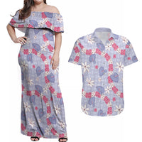 Hawaii Anthurium Tiare Pikake Lei Couples Matching Off Shoulder Maxi Dress and Hawaiian Shirt Poni Lauhala Art Pattern LT01 Purple - Polynesian Pride