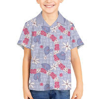 Hawaii Anthurium Tiare Pikake Lei Family Matching Off Shoulder Maxi Dress and Hawaiian Shirt Poni Lauhala Art Pattern LT01 Son's Shirt Purple - Polynesian Pride