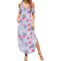 Hawaii Anthurium Tiare Pikake Lei Family Matching Summer Maxi Dress and Hawaiian Shirt Poni Lauhala Art Pattern LT01 Mom's Dress Purple - Polynesian Pride
